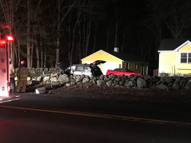 A single-vehicle crash on Bunker Hill Avenue in Stratham sent two people to the hospital on Monday evening.

[Alexander LaCasse/Seacoastonline.com]