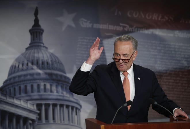 In this Thursday, April 27, 2017, photo, Senate Minority Leader Chuck Schumer, of N.Y., speaks to reporters during a news conference on Capitol Hill in Washington. Schumer says the $1 trillion plan funding the government through September is a "good agreement for the American people, and takes the threat of a government shutdown off the table." THE ASSOCIATED PRESS