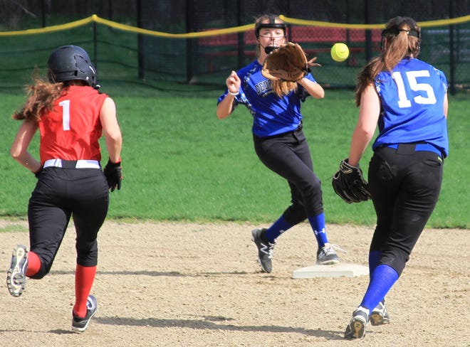 Bedford shortstop Grace Wilson (15) takes the throw from second baseman Kara Shelmire during the Buccaneers 4-3 loss to Andover on April 28. [Courtesy photo]