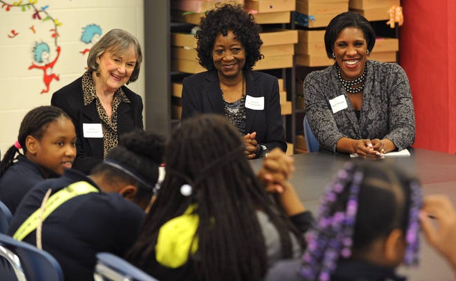 In 2015 the Delores Barr Weaver Policy Center hosted Teresa Younger, the president and CEO of the Ms. Foundation for Women, on her listening tour around the US. During the visit (from left) Delores Barr Weaver, Dorothy Pitman Hughes, a child-welfare advocate and co-founder of “Ms. Magazine,” and Teresa Younger talked with girls in the Girl Matters program at North Shore Elementary. (Bob Mack/Florida Times-Union)