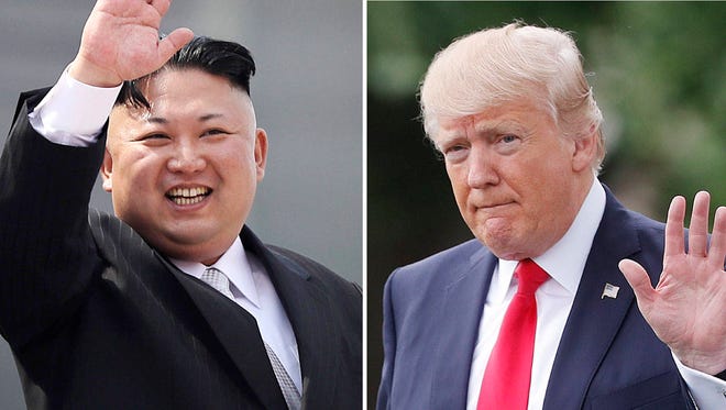 North Korean leader Kim Jong Un,left, is seen on April 15 in Pyongyang, North Korea. U.S. President Donald Trump is seen on April 29 in Washington. (Associated Press)