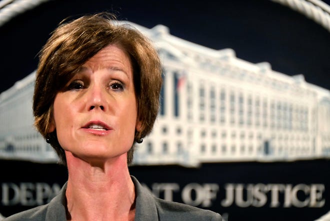 In this June 28, 2016 file photo, then-Deputy Attorney General Sally Yates speaks during a news conference at the Justice Department in Washington. Yates is scheduled to appear at a congressional hearing next month on Russian interference in the 2016 U.S. presidential election, a Senate committee announced Tuesday, April 25, 2017. THE ASSOCIATED PRESS