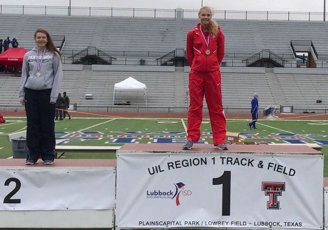Ally Andress (right) of Glen Rose slowed down just long enough to pose for this photo on the medal stand after winning the girls high jump event last Saturday in Lubbock. She qualified to compete at the state level for a second consecutive year in that event.