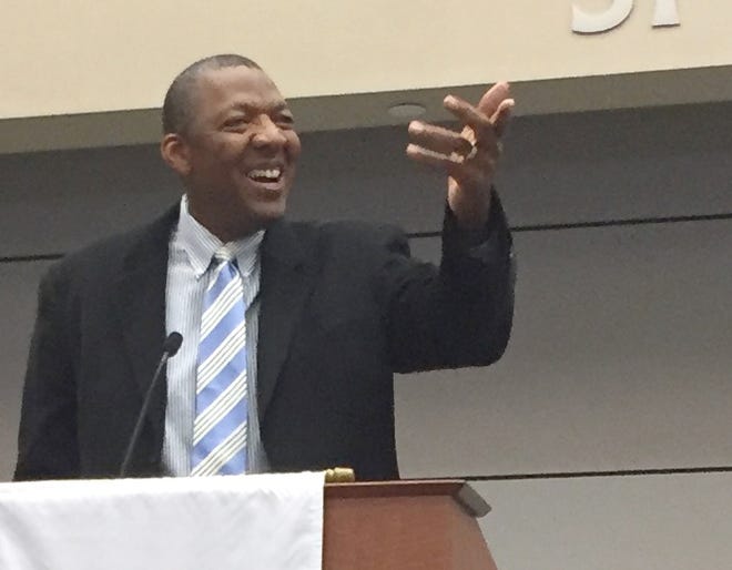 Pastor and former basketball player Al Wood spoke to the crowd at the annual YMCA Prayer Breakfast Wednesday morning in Shelby. [Diane Turbyfill/The Star]