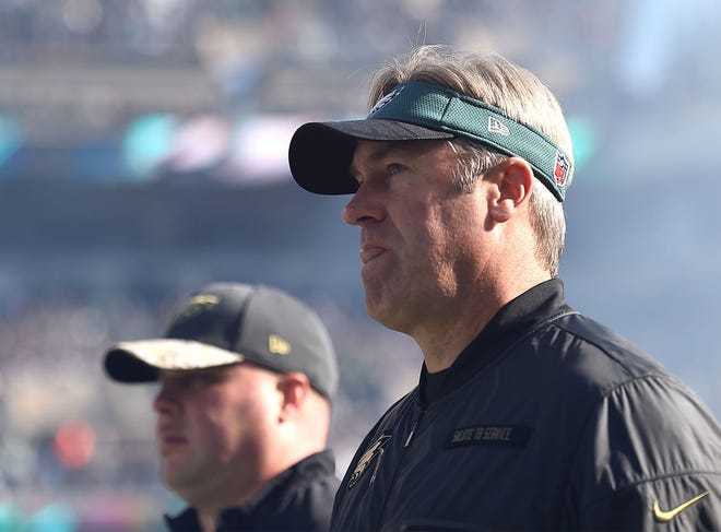 Eagles head coach Doug Pederson has a roster of 80 players now after the team released three on Thursday. A three-day rookie minicamp begins next Friday.