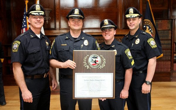 Easton Police Chief Gary F. Sullivan, Sgt. Leonard Coe, Sgt. Philip Adams, and Deputy Chief Keith Boone at their re-accreditation ceremony on Wednesday, May 3, 2017.