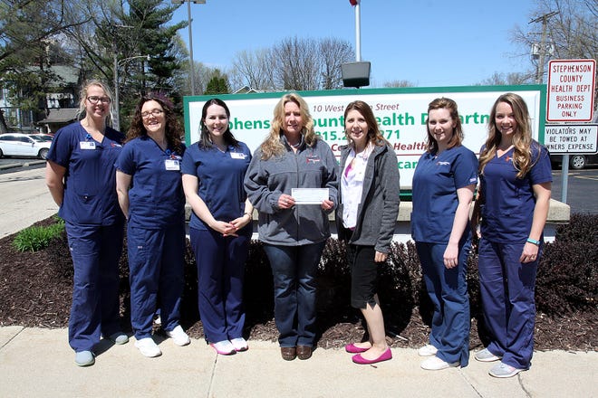 Highland Community College’s Beta Delta Chapter of the Alpha Delta Nu Honor Society for Nursing recently donated $175 to the Well Woman program at the Stephenson County Health Department. [PHOTO PROVIDED]