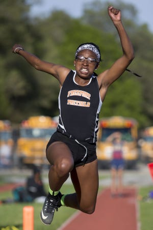 Freeport's Zaria Walker competes in the triple jump Thursday, May 4, 2017, during the NIC-10 girls conference track meet at Beloit College's Strong Stadium in Beloit, Wis. [MAX GERSH/RRSTAR.COM & THE JOURNAL-STANDARD STAFF]