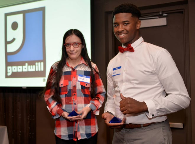 Sarah Figuerido, Goodwill Achiever of the Year, left, with  Akelo Stone, Young Achiever of the Year (Bunny Ware/For the Savannah Morning News)