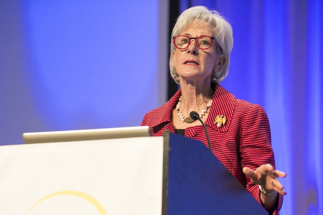 Kathleen Sebelius, former U.S. secretary of health and human services, speaks at the Association of Developmental Disabilities Providers annual conference at the DCU Center in Worcester on Thursday. [Photo/Matthew Healey]