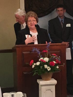 The first Dale Hileman Legacy Fund Grant Award was awarded to Leadership Columbiana County on April 28 at the annual meeting of the Eastern Ohio Development Alliance. Pictured: Evelyn Hileman, Dale Hileman's widow, shares how the fund honors Hileman's legacy. PHOTO PROVIDED