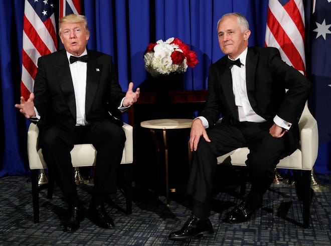In this May 4, 2017, photo, President Donald Trump meets with Australian Prime Minister Malcolm Turnbull aboard the USS Intrepid, a decommissioned aircraft carrier docked in the Hudson River in New Yor. (AP Photo/Pablo Martinez Monsivais)