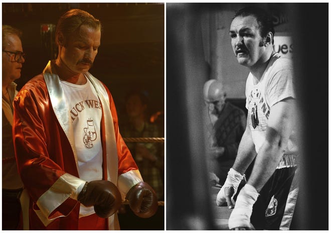 In this combination photo, Liev Schreiber, left, portrays boxer Chuck Wepner in a scene from the film, "Chuck," and Chuck Wepner appears during a workout at his home in Bayonne, N.J., in 1975. [SARAH SHATZ/IFC FILMS and RAY STUBBLEBIN/THE ASSOCIATED PRESS]