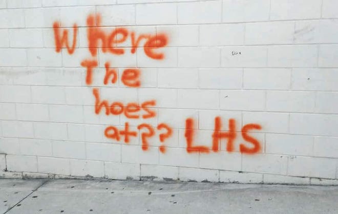 Graffiti was spray painted on the walls and sidewalks at Leesburg High School [SUBMITTED]
