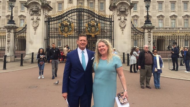 Palm Beach resident Harvey Oyer III (left) with his sister Susan Oyer outside Buckingham Palace on Tuesday after a luncheon with Prince Philip, Duke of Edinburgh. (Photo courtesy Harvey Oyer III)