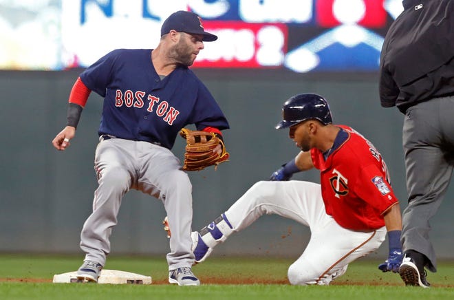 Minnesota's Eddie Rosario, right, reaches second base with a double as Boston's Dustin Pedroia looks on during the fifth inning on Friday night.
