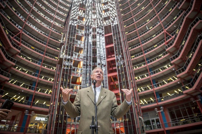 In this Oct. 13, 2015 file photo, Illinois Gov. Bruce Rauner speaks at a news conference in the James R. Thompson Center's 16-story glass-paneled atrium, in Chicago. (Sun-Times Media/Rich Hein, via AP, File)