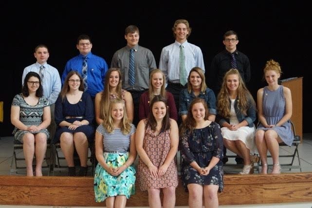 Fifteen Strasburg High School juniors recently were inducted into the National Honor Society at a ceremony held at the school. Pictured, from left, back row, are Jeremy Rieger, Preston Davis, Alex Ray, Andrew Cregan and Stephen Slone; middle, Jessica Cespedes, Olivia Martin, Emma Clark, Teaonie Barkan, Alyssa Sims, Emily Rieger and Jewell Lewis; front, Sarah Dreher, Emily Bailey and Brooke Spinell. PHOTO PROVIDED