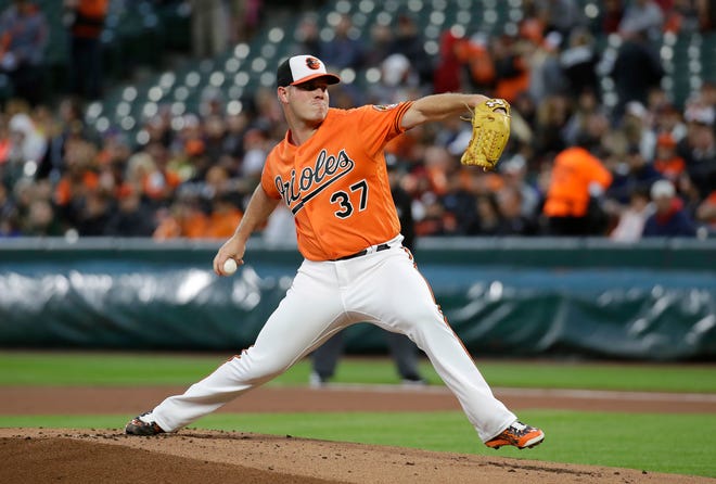 Baltimore Orioles starting pitcher Dylan Bundy throws to the Chicago White Sox in the first inning of a baseball game in Baltimore, Saturday, May 6, 2017. (AP Photo/Patrick Semansky)