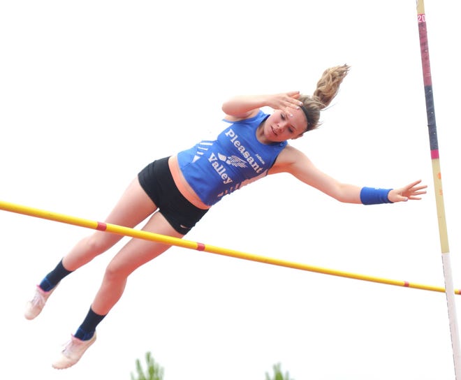 Pleasant Valley junior Mary Michael has cleared 10-feet-3 in the pole vault this season, just three inches shy of a school record. She'll have a shot to break that record this week at the EPC Championships. [Pocono Record file photo]