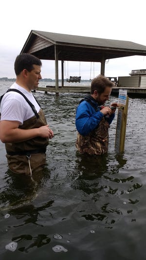 Grant Parkins and Tamlin Pavelsky of the UNC-Chapel Hill's Lake Level Monitoring Team install a gauge on White Lake in Bladen County. Passers-by will be able to record the lake's depth by sending a text message to the team. [CONTRIBUTED PHOTO]