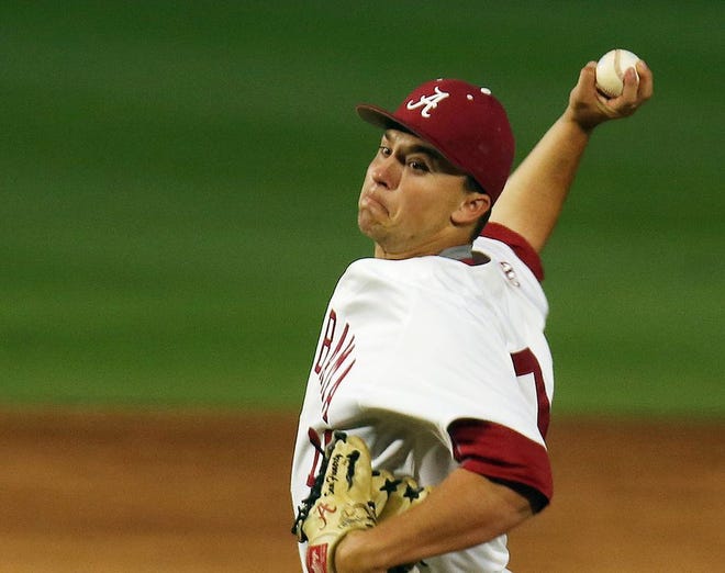 Alabama's Sam Finnerty (10) pitches during game one of a three-game series against LSU at Sewell-Thomas Stadium in Tuscaloosa Thursday, April 27, 2017.  [Staff Photo/Erin Nelson]