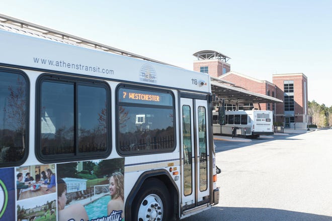 The Multimodal Transportation Center in the eastern edge of downtown Athens is the heart of the hub-and-spoke system used by Athens Transit for the majority of its bus routes. Among the projects under consideration for funding with a proposed 1 percent tax for transportation-related purposes is the purchase of additional buses for the system. (Photo/ John Roark, Athens Banner-Herald)
