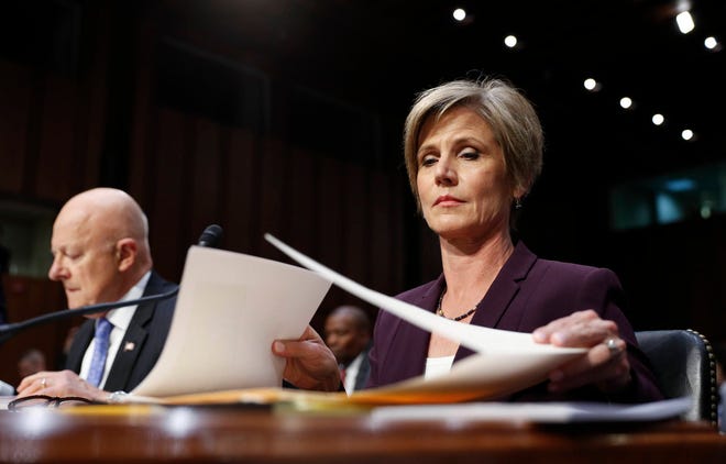 Former acting Attorney General Sally Yates, right, and former National Intelligence Director James Clapper, prepare to testify on Capitol Hill in Washington, Monday, May 8, 2017, before the Senate Judiciary subcommittee on Crime and Terrorism hearing: “Russian Interference in the 2016 United States Election.” (AP Photo/Carolyn Kaster)