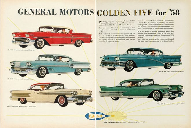 This ad for the five 1958 General Motors vehicles featured the new Chevy, Pontiac, Cadillac, Oldsmobile and Buick. None will ever win any special awards for overall design, although the Cadillac and Buick, when properly equipped, do attract collector attention. (Complements General Motors)