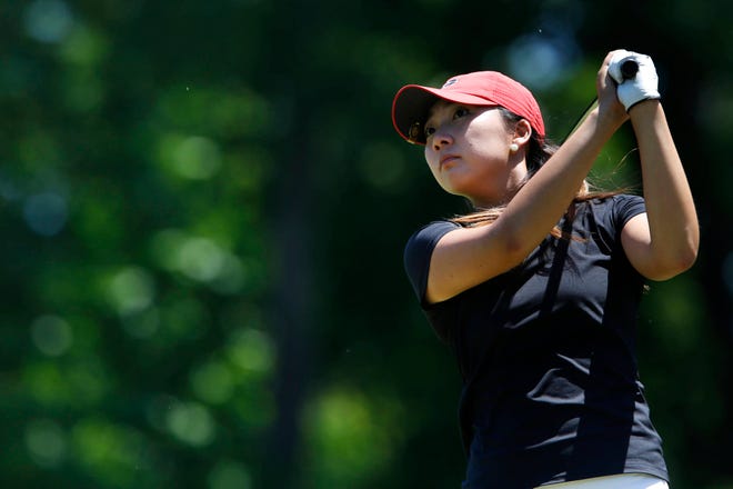 Harang Lee watches her ball fly during the NCAA Division I women’s golf championship at the University of Georgia golf course in Athens, Ga, on Tuesday, May 9, 2017. (Photo/Joshua L. Jones, Athens Banner-Herald)