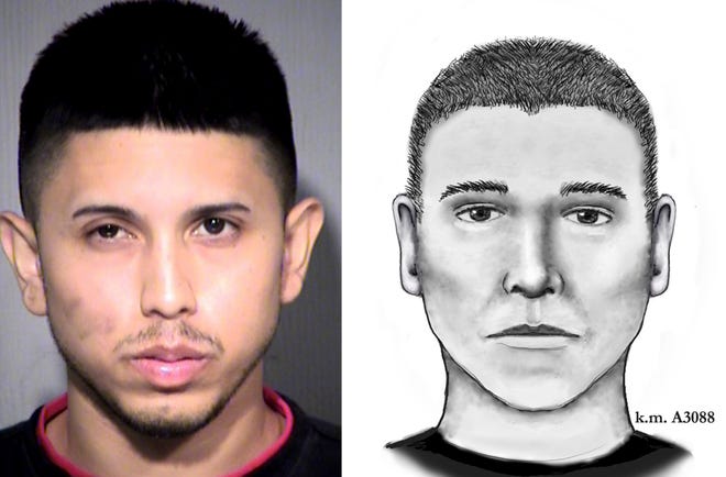 This photo and sketch combo shows an undated photo provided by the Maricopa County Sheriff's Office of Aaron Saucedo, left, and a July 2016 composite sketch provided by the Phoenix Police Department showing a suspect in a series of fatal shootings in Phoenix. Saucedo, a 23-year-old Phoenix man arrested in a string of 2016 serial killings that terrorized several Phoenix neighborhoods, is proclaiming his innocence. The former city bus driver declared "I'm innocent" during a brief court hearing Monday, May 8, 2017. (Maricopa County Sheriff's Office and Phoenix Police Department via AP)