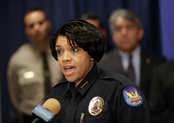 Phoenix Police Chief Jeri L. Williams announces, Monday, May 8, 2017, in Phoenix, the arrest of 23-year-old Aaron Saucedo in connection with the serial street shootings that terrorized the Phoenix area over four months in 2016. THE ASSOCIATED PRESS