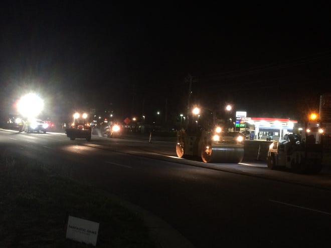 Crews work on projects overhauling and improving much of Carolina Beach Road near Monkey Junction at 3 a.m. Tuesday. The work is being done by the N.C. Department of Transportation during overnight hours to prevent disruption of daytime traffic. [TIM BUCKLAND/STARNEWS]