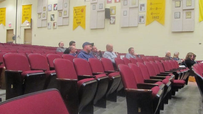 Some of the sparse crowd of 31 water use residents attending the annual district meeting in the high school auditorium.
