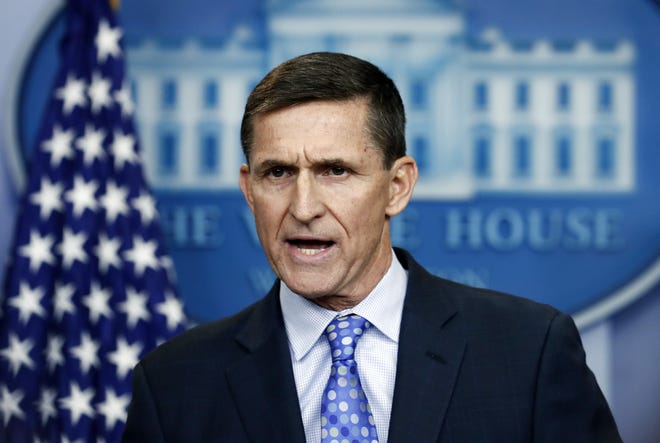In this Feb. 1, 2017, file photo, then-National Security Adviser Michael Flynn speaks during the daily news briefing at the White House, in Washington. Flynn resigned as President Donald Trump's national security adviser on Feb. 13, 2017. The Senate intelligence committee has subpoenaed Flynn for documents related to the panel's investigation into Russia's election meddling. THE ASSOCIATED PRESS