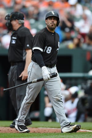 Chicago White Sox's Geovany Soto walks to the dugout after striking out against the Baltimore Orioles in the ninth inning of a baseball game, Sunday, May 7, 2017, in Baltimore. (AP Photo/Gail Burton)