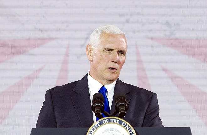 Vice President Mike Pence speaks in Washington Thursday. President Donald Trump signed an executive order launching a commission to review alleged voter fraud and voter suppression in the U.S. election system. Pence and Kansas Secretary of State Kris Kobach will lead the commission, which will look at allegations of improper voting and fraudulent voter registration in states and across the nation. [CLIFF OWEN/AP]