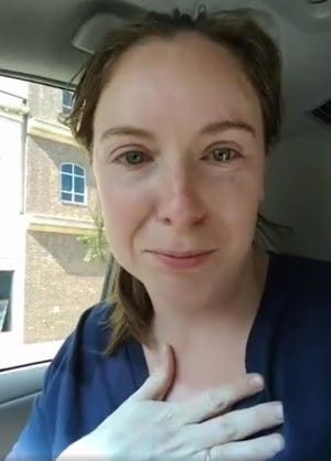 Julie Anderson speaks to people through Facebook live about an experience she had at Congressman Patrick McHenry's Gastonia office on May 5, 2017. Her video has since gone viral. [Special to the Gazette/Julie Anderson]