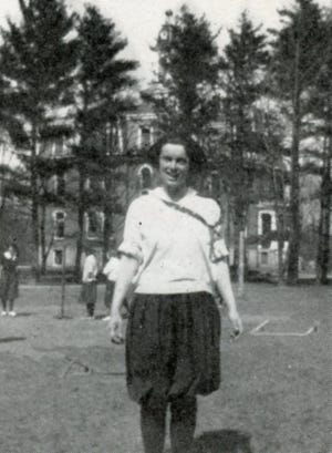 Elinor Churchill in 1922 in her gym uniform at the Robinson Female Seminary. This photo accompanied the brief write up in the Seminarian nominating her to the ìHall of Fame.î [Coutesy/Barbara Rimkunas, Exeter Historical Society]