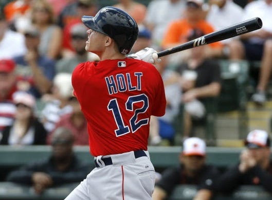 Brock Holt, watching a solo home in a spring training game, has been rehabbing with the PawSox.