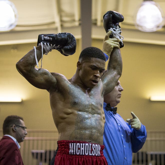 Deon Nicholson of Tuscaloosa is pronounced the winner after his cruiserweight fight versus Fred Weaver of Birmingham during Battle at the Bobby! on Aug. 12, 2016, at the Bobby Miller Center. [File Photo]