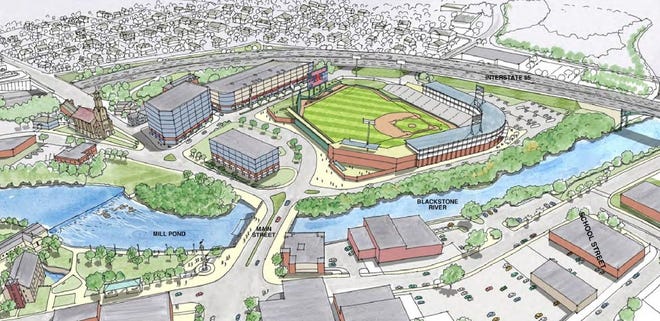 An artist's rendering of a Pawtucket Red Sox stadium on the site of the Apex store in Pawtucket, with retail and residential development beyond the outfield. Route 95 sweeps past right and center fields, and the Slater Mill is at far lower left. [Chuck Izzo]