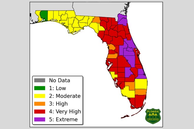 The danger of possible wildfires is very high in Alachua and Marion counties, as well as in much of the state. [Florida Forest Service map]