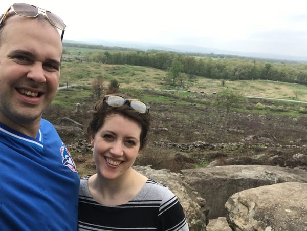 Jason and Amy Barczy are standing on top of Little Round Top in Gettysburg National Military Park on Sunday, April 30.