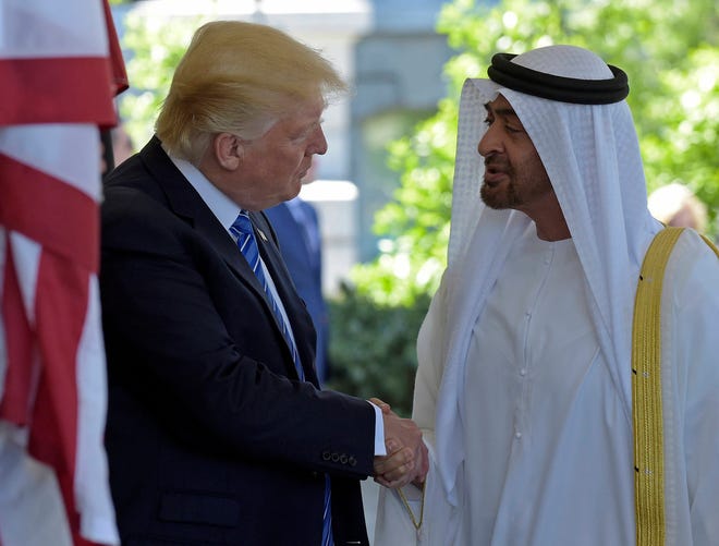President Donald Trump welcomes Abu Dhabi’s Crown Prince Sheikh Mohammed bin Zayed Al Nahyan to the White House in Washington, Monday, May 15, 2017. (AP Photo/Susan Walsh)