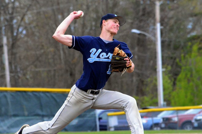York pitcher Trevor LaBonte delivers during the fourth inning of Monday's Class B South baseball game against Freeport.
