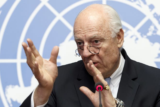 UN Special Envoy for Syria Staffan de Mistura informs the media one day before the resumption of the negotiations between the Syrian government and the opposition, at the European headquarters of the United Nations in Geneva, Switzerland, Monday, May 15, 2017. THE ASSOCIATED PRESS