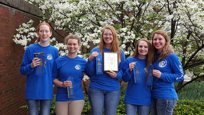 The Carroll County 4-H won first place at the annual 4-H State Horse Bowl & Hippology contests held April 29 in Champaign. Pictured, from left, are first-place senior team members Brenna Berns, Kiersten Pratt, Megan Poole, Kaiti Collins and Natalie Shaw. [PHOTO PROVIDED]