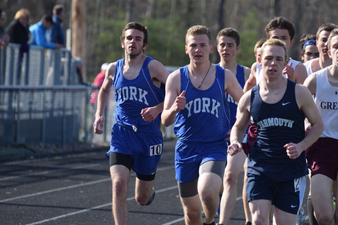 York's Austin Rideout, Griffin McMamara, and Pete Kenealy at the start of the mile at last Friday's home meet. [Courtesy photo/Candace Jaffe]
