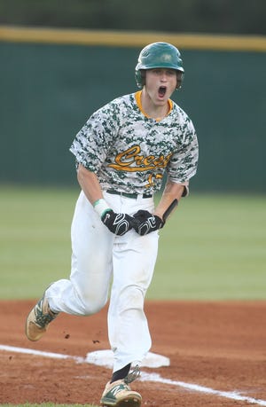 Crest's Logan McNeely reacts to a play during the Chargers' second-round playoff game against Jesse Carson on Saturday, May 13. The Chargers defeated Ledford Senior 5-2 Tuesday night to advance to the fourth round. [Hannah Dunaway/ The Star]
